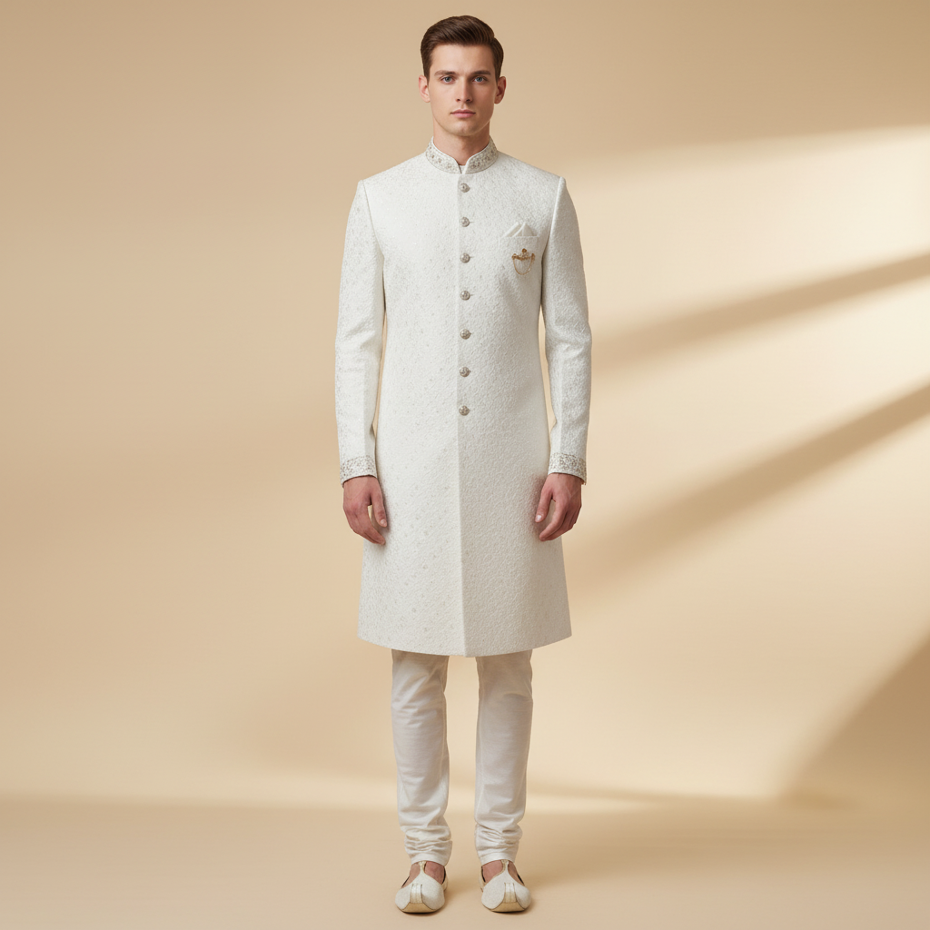 Regal Ivory Chain-Detail Sherwani Set