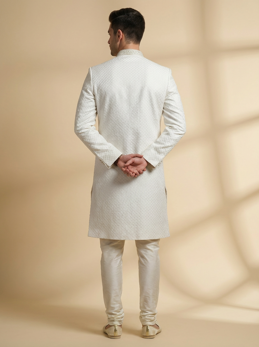 Classic White Textured Sherwani Set