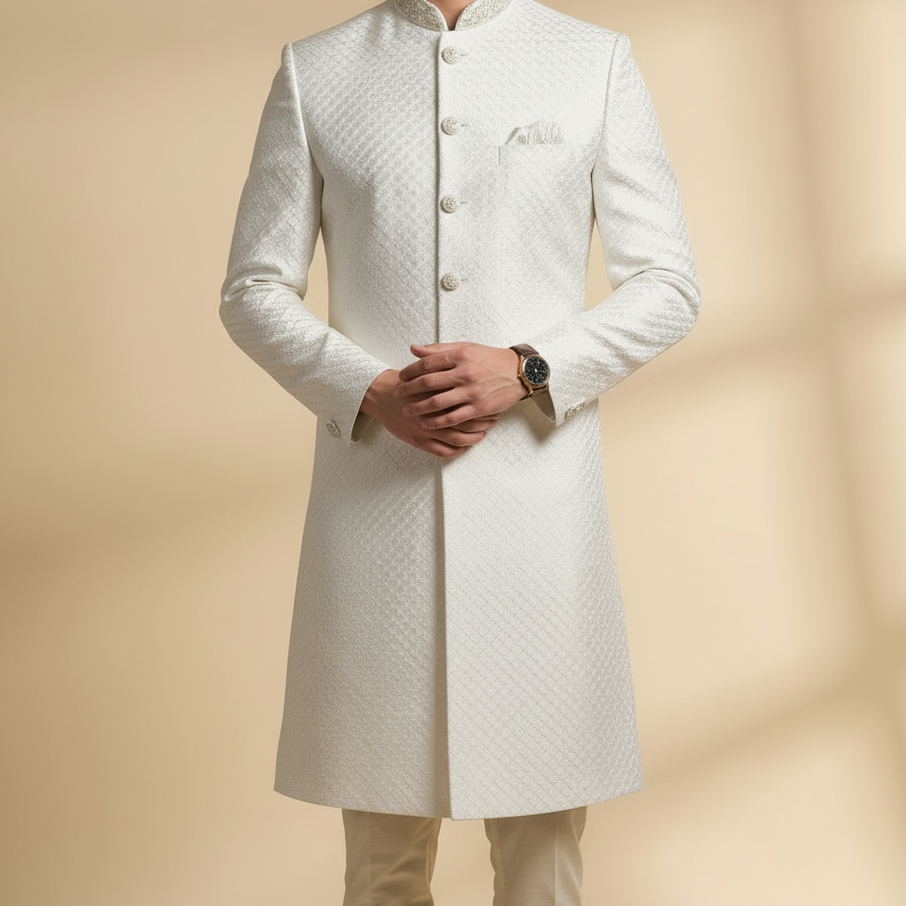 Classic White Textured Sherwani Set