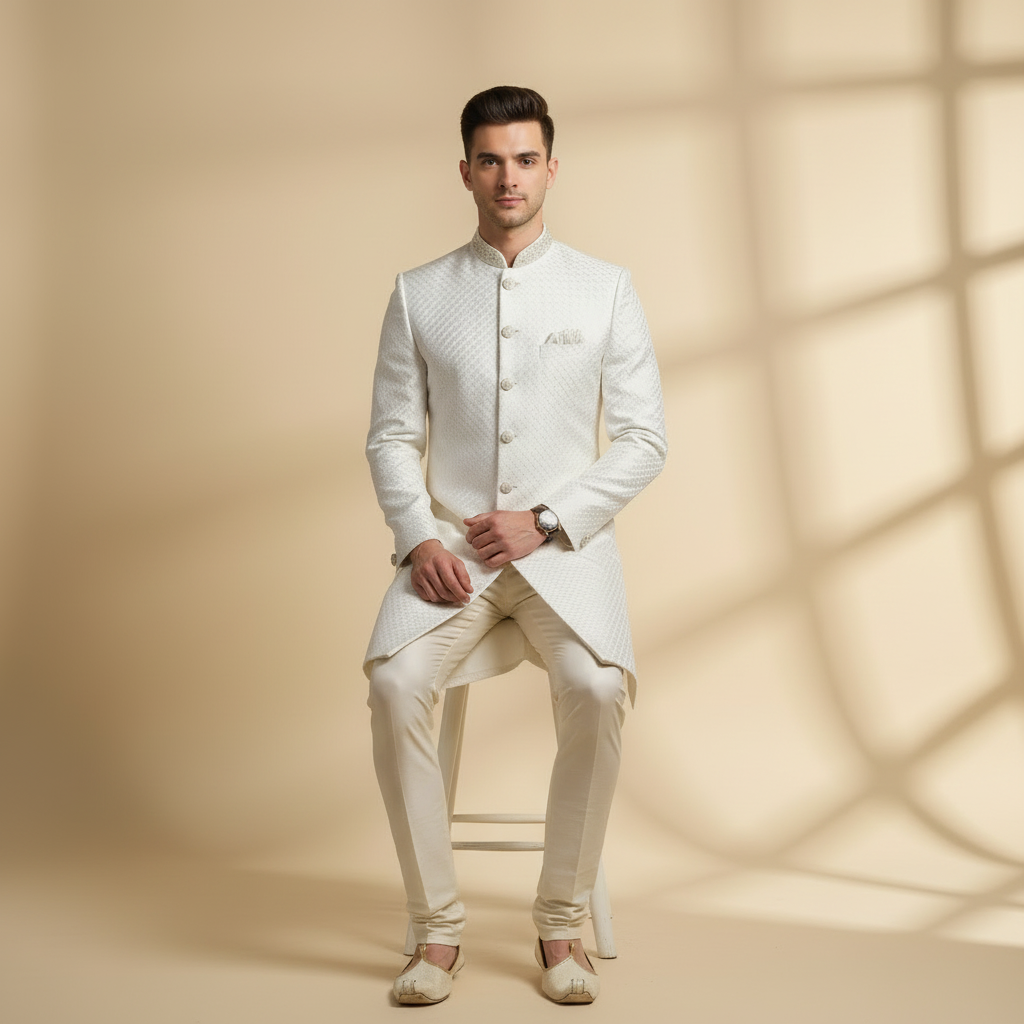 Classic White Textured Sherwani Set
