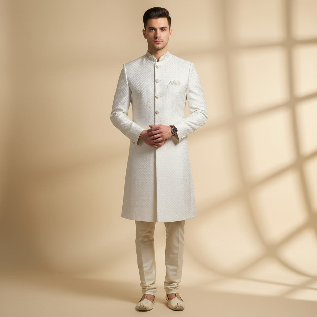 Classic White Textured Sherwani Set